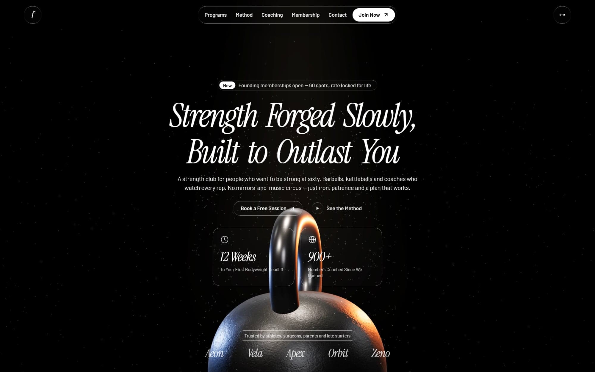 Ferrum's landing page with a 3D kettlebell behind glass panels