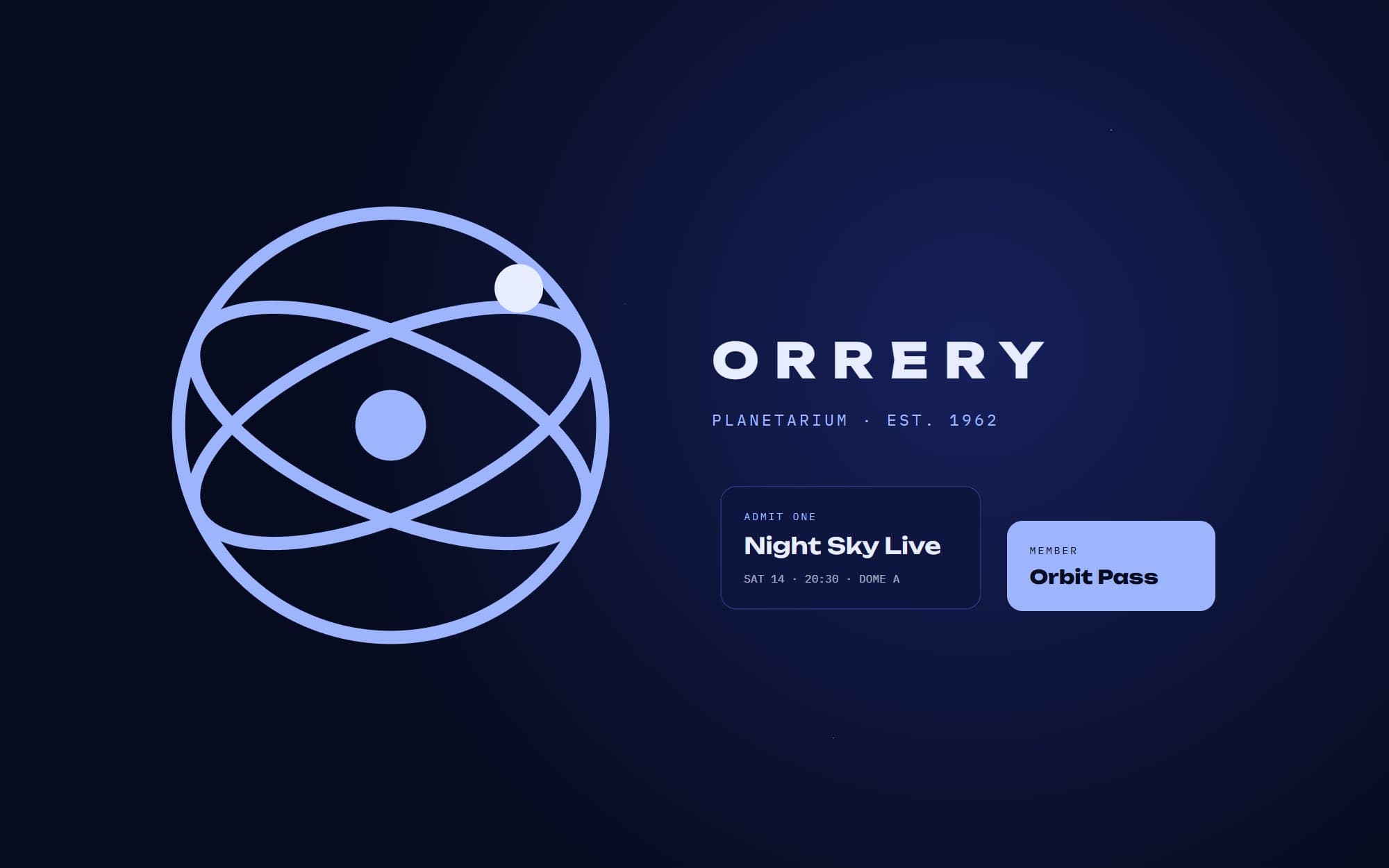 Orrery brand board with the orbit monogram on deep navy