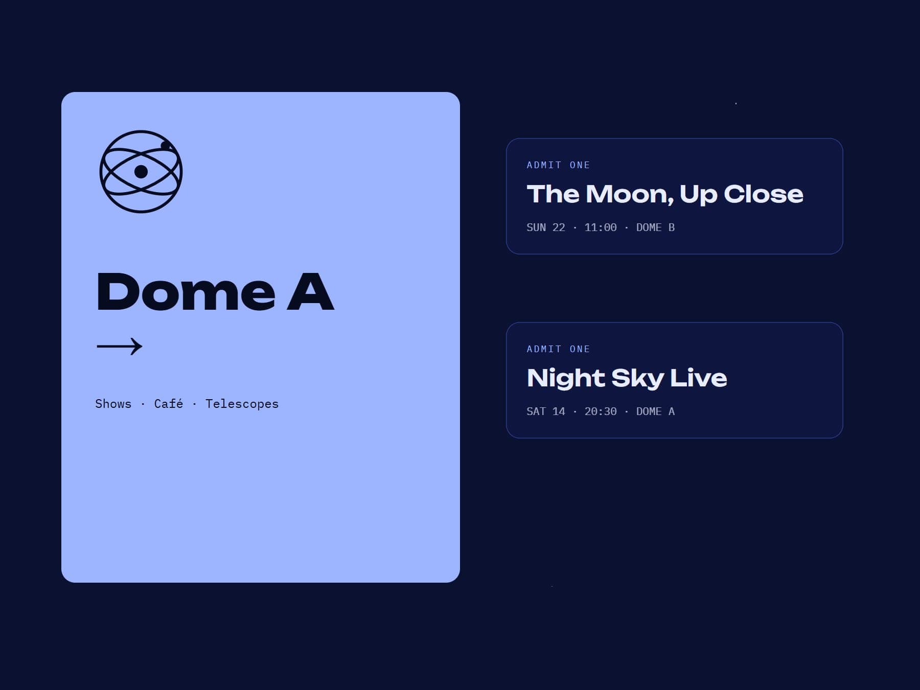 Orrery tickets and signage