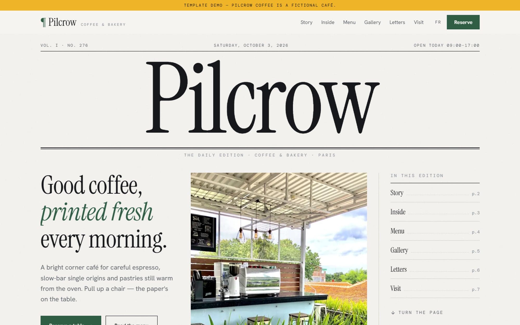 The Pilcrow Coffee homepage with its newspaper masthead