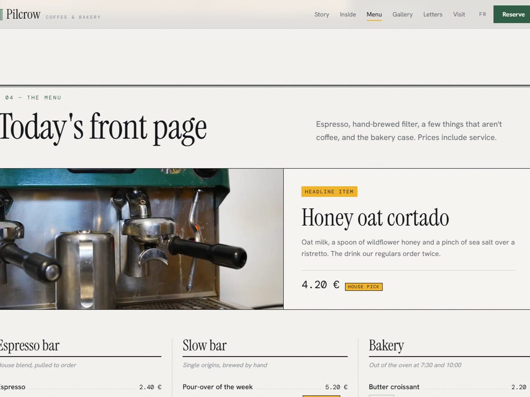 Pilcrow's menu, set like a newspaper front page